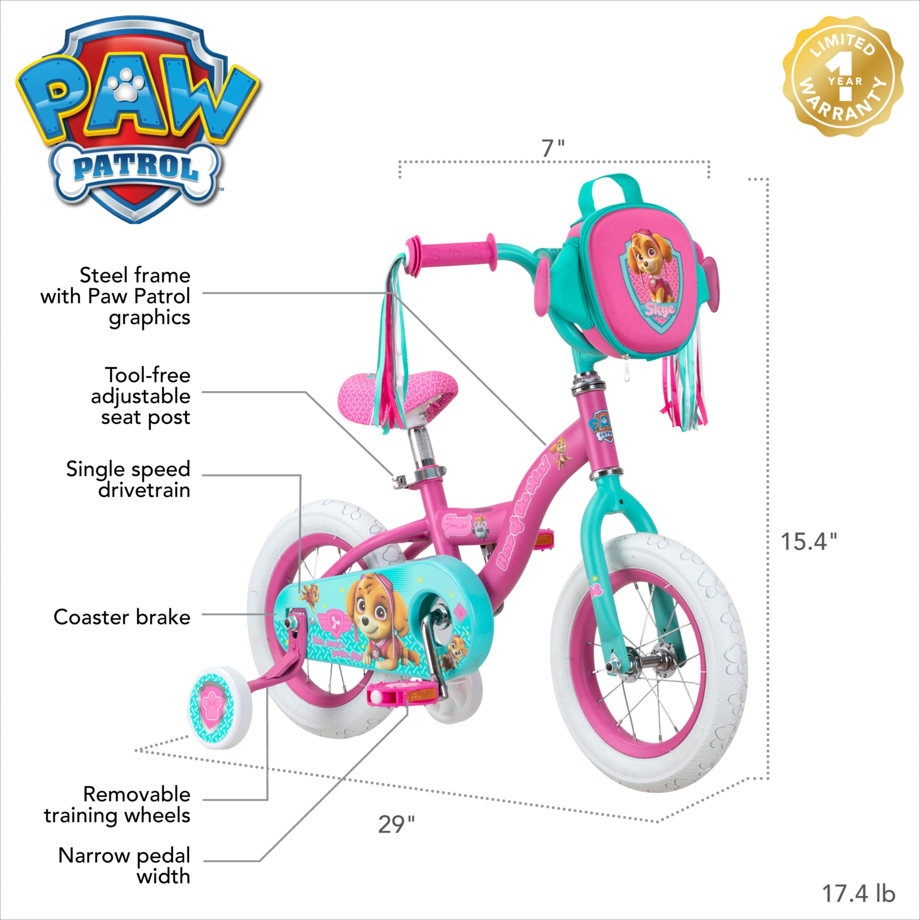 12-inch Weel Training Wheels Nickelodeon Paw Patrol Skye Kids Bike Girls Pink 