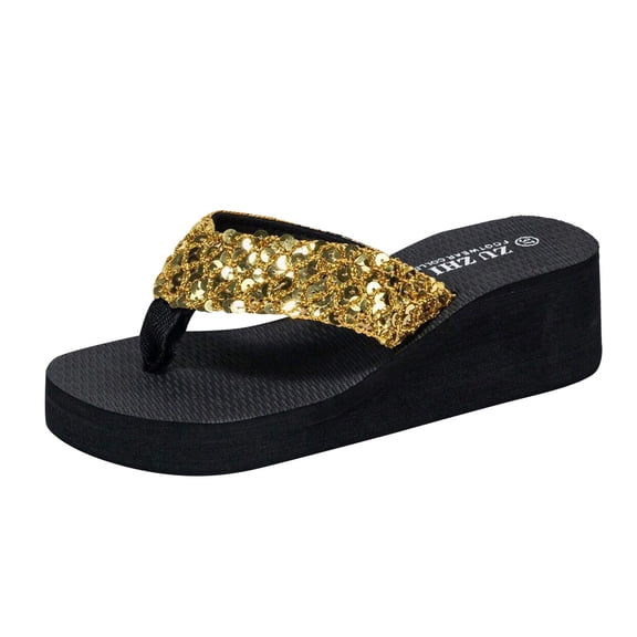 Glitter Sequin Flip Flops Wedge Sandals for Women Casual Summer Open Toe Platform Tong Sandal Lightweight Beach Slippers Gold Size 6.5