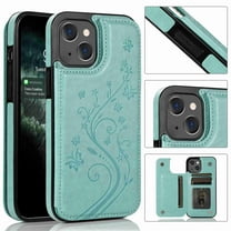 Dteck for iPhone 13 Mini Wallet Case with Card Holder, Butterfly Flower Embossed Faux Leather Kickstand Card Slots Case, Handmade Shockproof Protective Slim Soft Flip Phone Case 2021 5.4", Mint