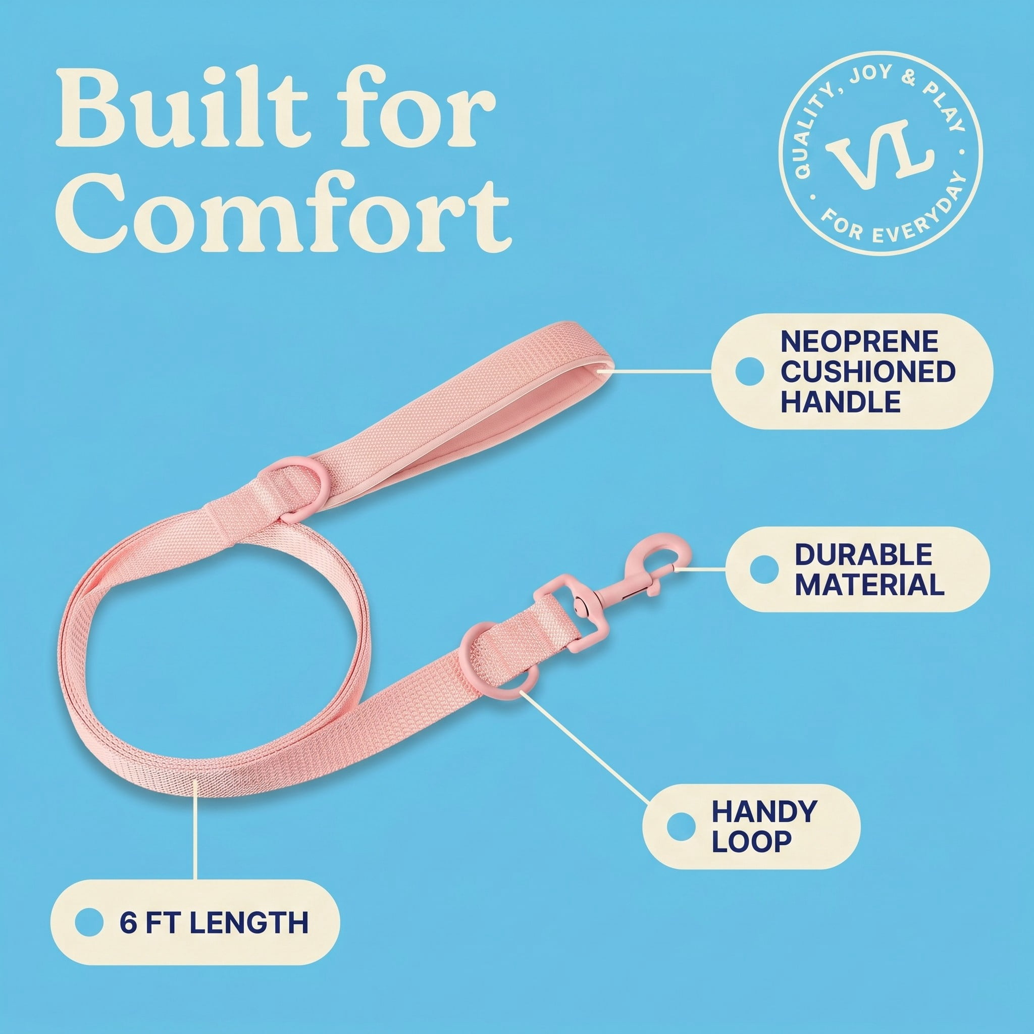 Vibrant Life 6 ft Neoprene Cushioned Leash, Soft Pink, Medium / Large