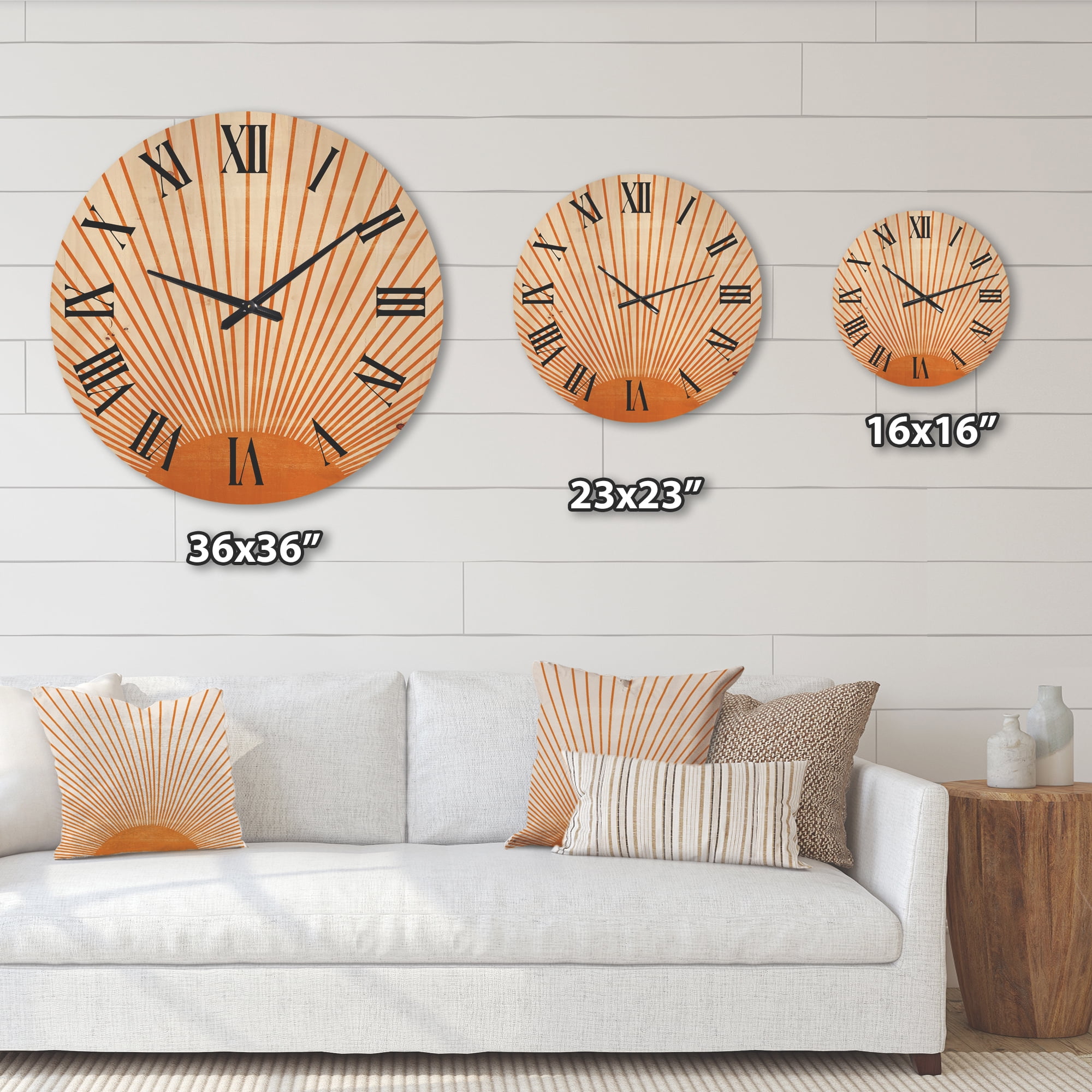 Designart 'Orange Sun Print On Beige III' Modern Wood Wall Clock
