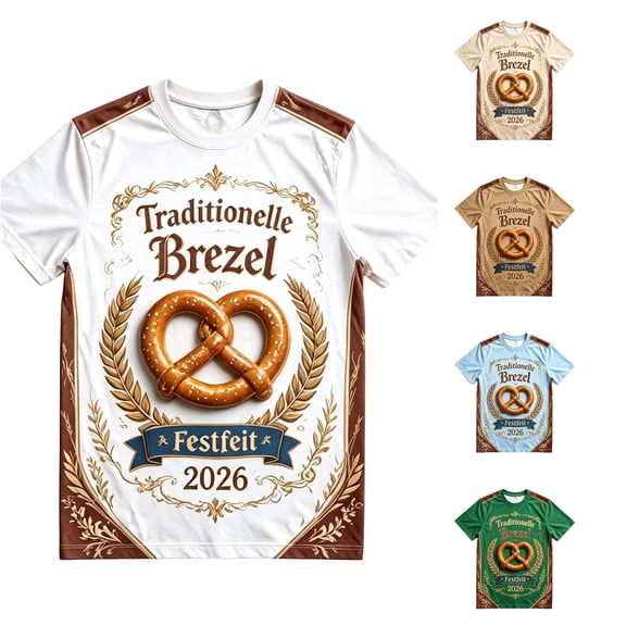 Bibifish Mens T Shirts Short Sleeve Crew Neck Pretzel Oktoberfest Print Tees German Festival Vintage Casual Daily Tops