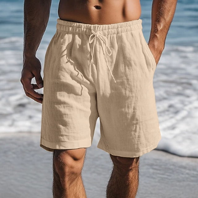 pstuiky Pantalones cortos para hombre, Pantalones cortos casuales de lino sintético con cordón, cintura elástica, color liso, bolsillos y transpirables para hombre