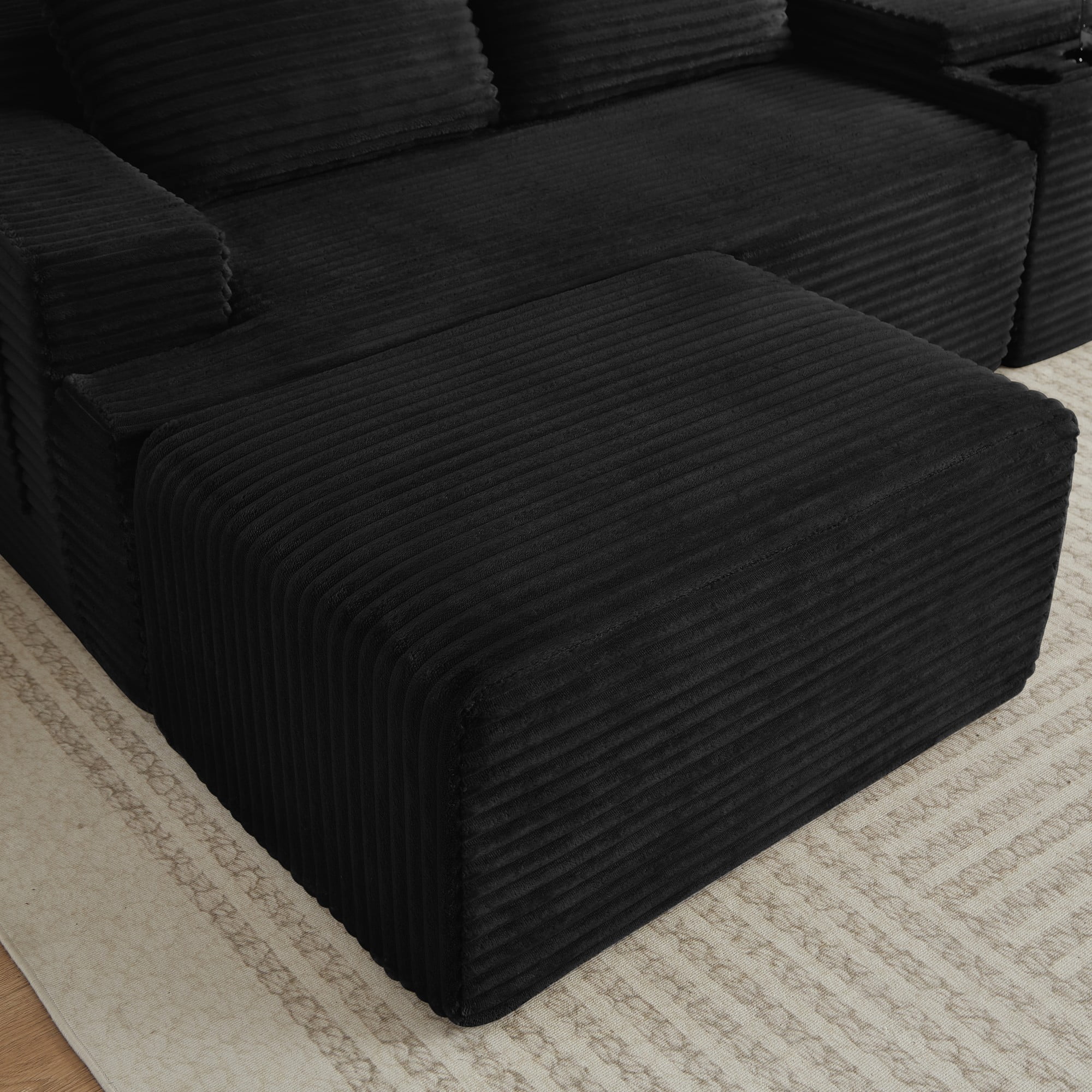BSHTI 140.6" 5-Seat Corduroy U Shape Sectional Sofa with Cup Holder, Modular Design, No Assembly for Living Room（Black）