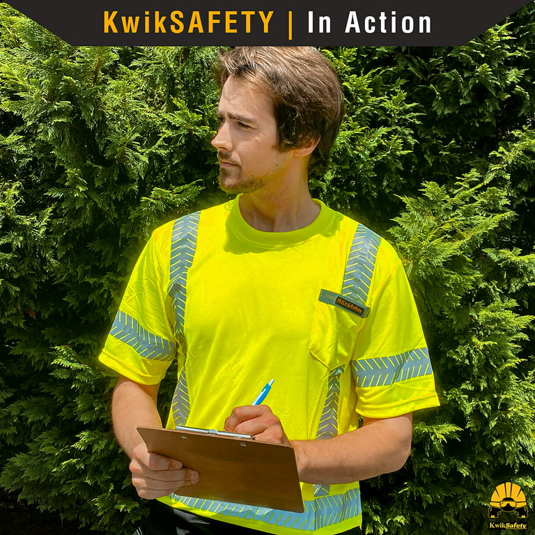 KwikSafety (Charlotte, NC) MECHANIC Short Sleeve Safety Shirt (w/POCKET &  Black Trim) Class 2 ANSI OSHA Custom High Visibility Reflective Tape