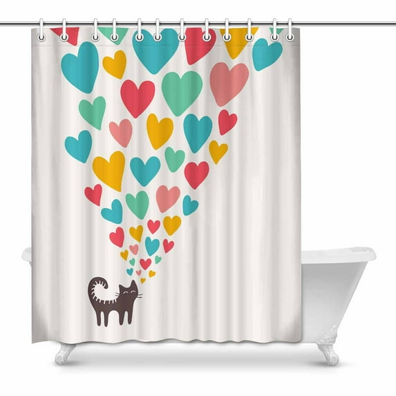 SUNENAT Funny Cat in Love with Colorful Sweet Hearts Waterproof Polyester Bathroom Shower Curtain Bathations 60(Wide) x 72(Height) Inches