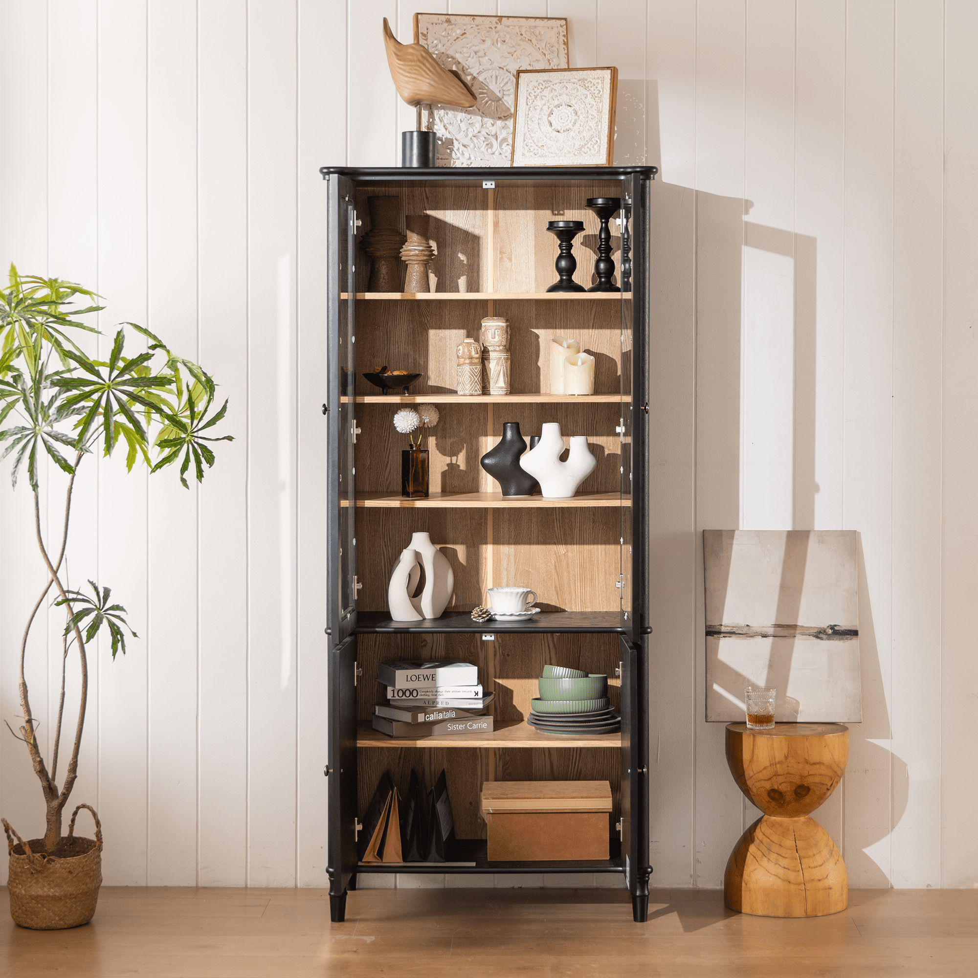 Euroco Vintage Display Cabinet with Storage Mid‑Century Modern Curio Cabinet Glass Doors 4 Adjustable Shelves Black Natural Two‑Tone 73.25 inch H