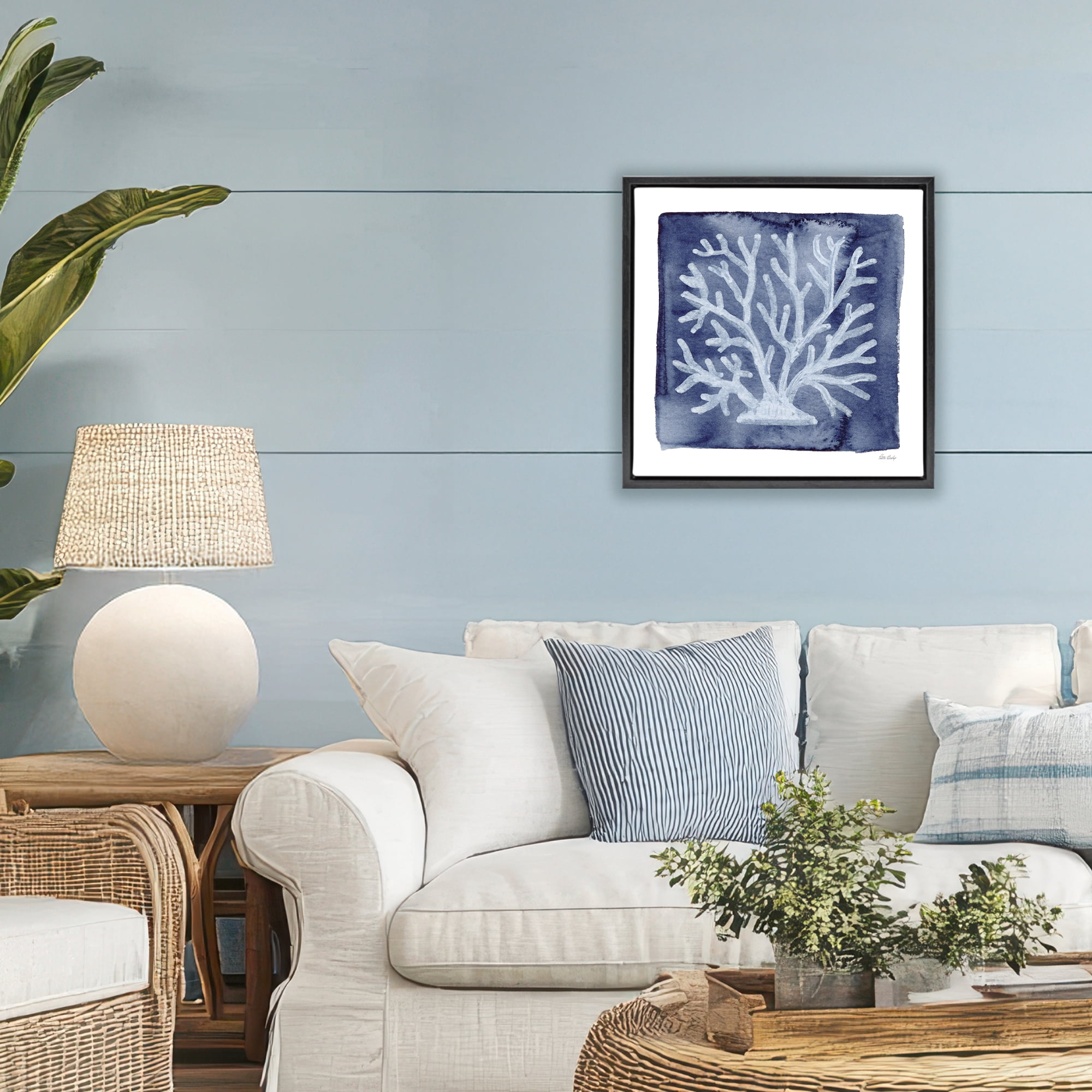 Stupell Industries White Coral on Indigo Black Framed Floater Canvas Wall Art, design by Patti Bishop