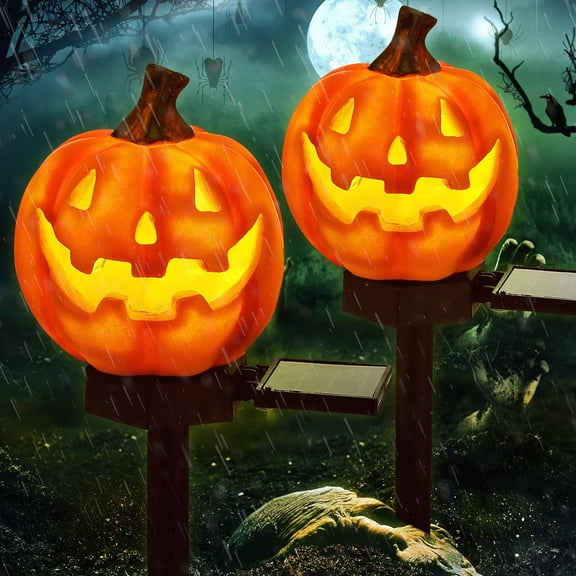 2 Pcs Halloween Pumpkin Pathway Solar Lights Orange Jack O Lantern Stake Lights for Outdoor Halloween Decorations Yard Display LED Front Porch Decor