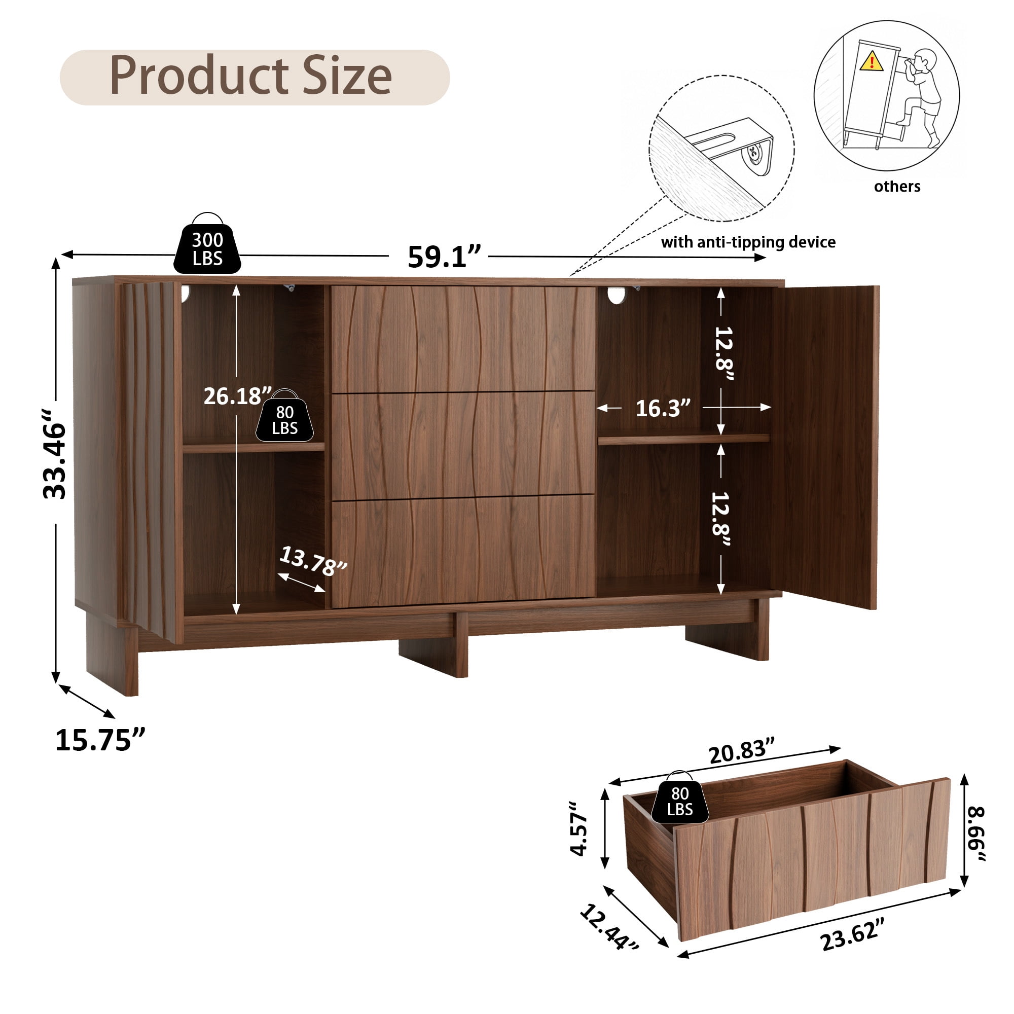 Leumius 59.1" Buffet Sideboard with 2 Doors and 3 Drawers, Walnut Finish with Stripe Grain Texture, Farmhouse Storage Cabinet for Dining Room Living Room Hallway