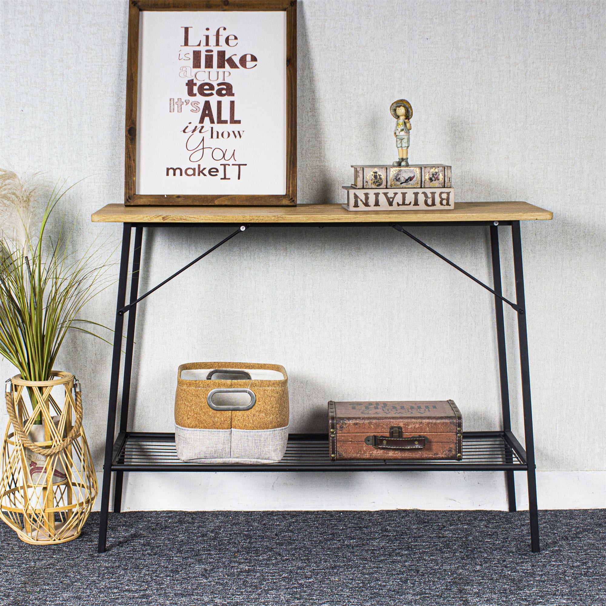 Wooden Console Sofa Table, Entryway Table with 2-Tier Storage Shelves for Living Room, Bedroom