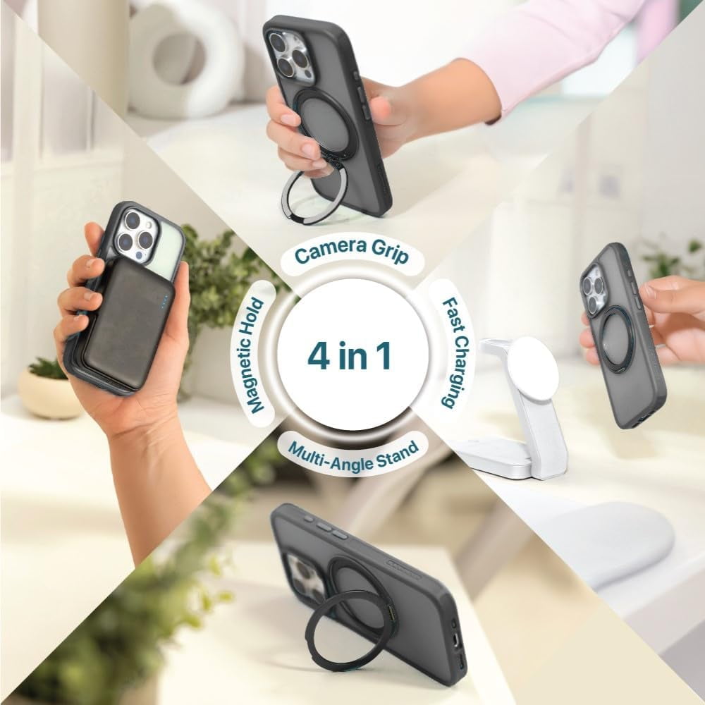 BLACK+DECKER 360°Spin Magnetic Stand for iPhone 16 Pro Case, Compatible with MagSafe Protective Stylish for iPhone16 Pro Case for Women, Ostand Kickstand Rotatable, Lanyard, Extra Buttons, Black