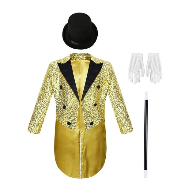 Jizyo Ensemble de Magicien pour Enfants Queue-de-Pie à Paillettes avec Accessoire pour Carnaval des Fêtes Spectacle sur Scène Fête à Thème Or 6