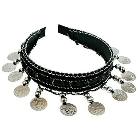 Hip Shakers Black Belly Dance Tribal Silver Coins Headband Gypsy Jewelry