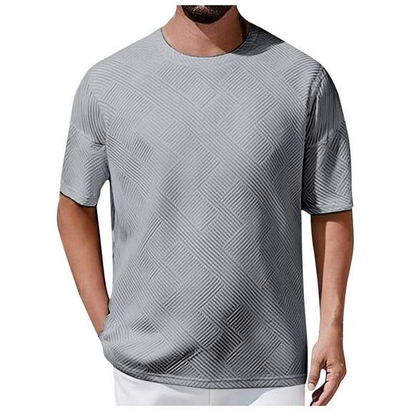 MIXUE Mens T-Shirts Solid Color Round Neck Short Sleeve Jacquard Soft Comfortable Breathable Casual Loose Trendy Business Sports Pullover Tops Tshirts Holiday Wear,Gray,XXXL
