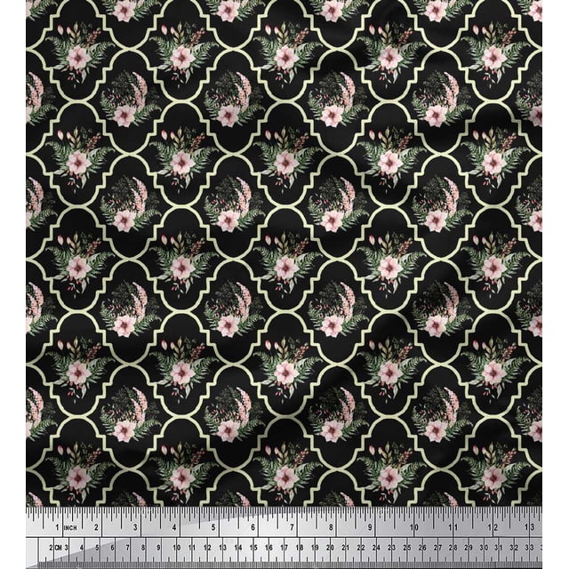 Soimoi Black polyester Crepe Fabric Floral Damask Print Sewing Fabric Yard 52 Inch Wide