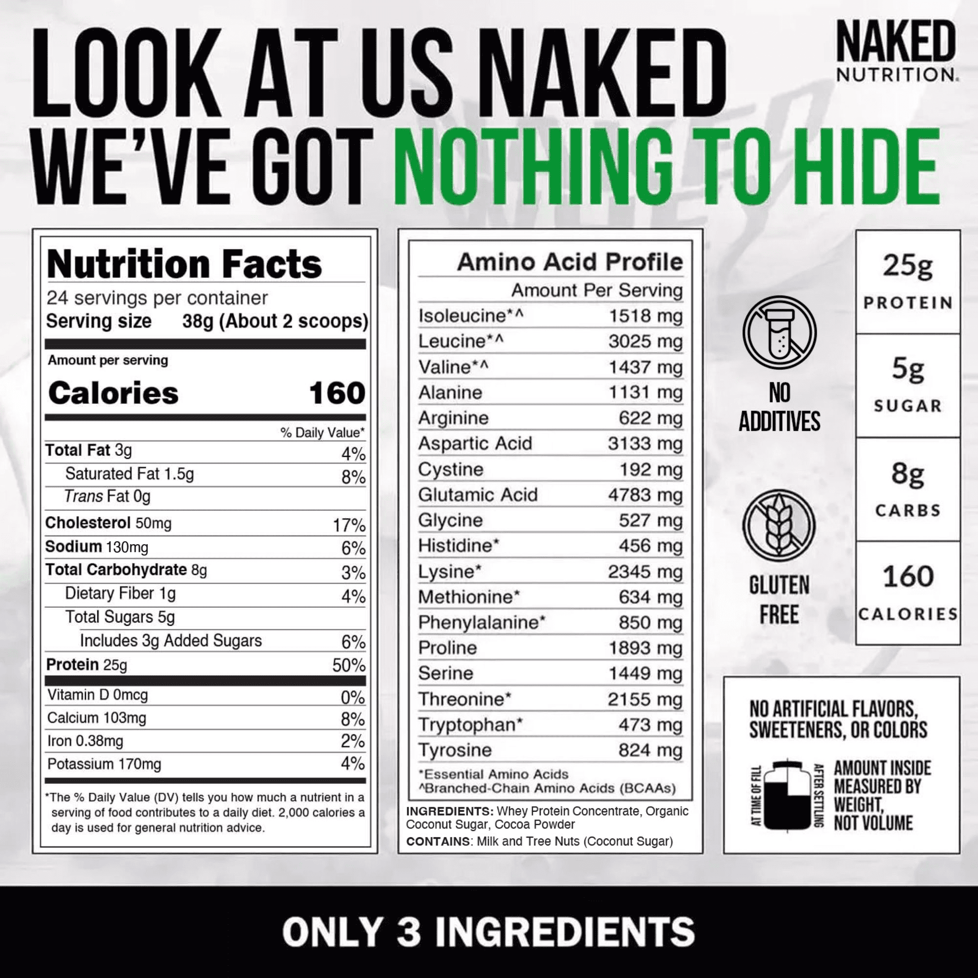 Naked Whey Chocolate Protein Powder - Only 3 Ingredients - Grass Fed Whey Protein Powder, Organic Chocolate and Organic Coconut Sugar, No GMO, No Soy, and Gluten Free - 24 Servings