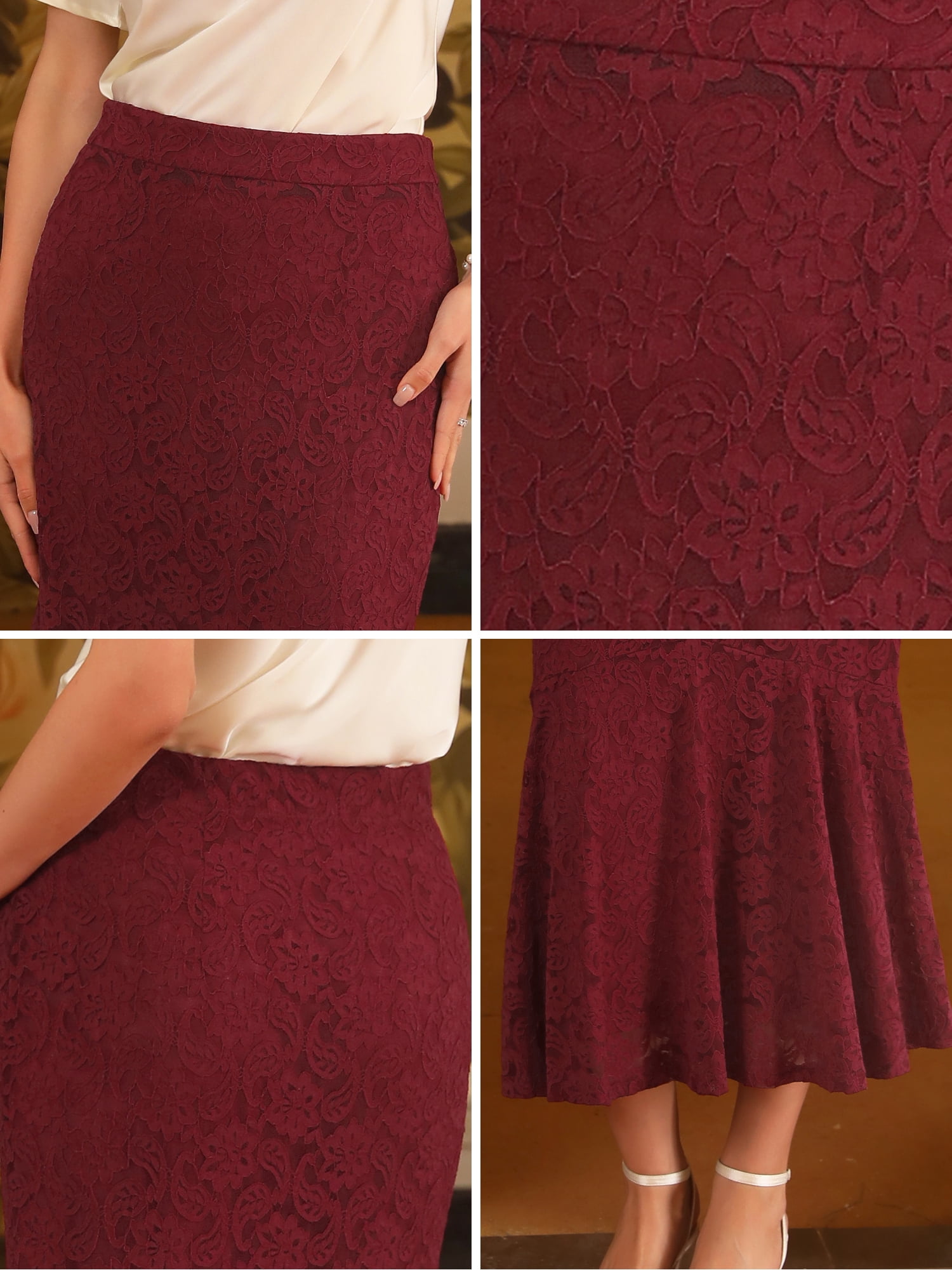 DARING DIVA Women's Lace Ruffle Hem Midi Mermaid Skirts S Wine Red