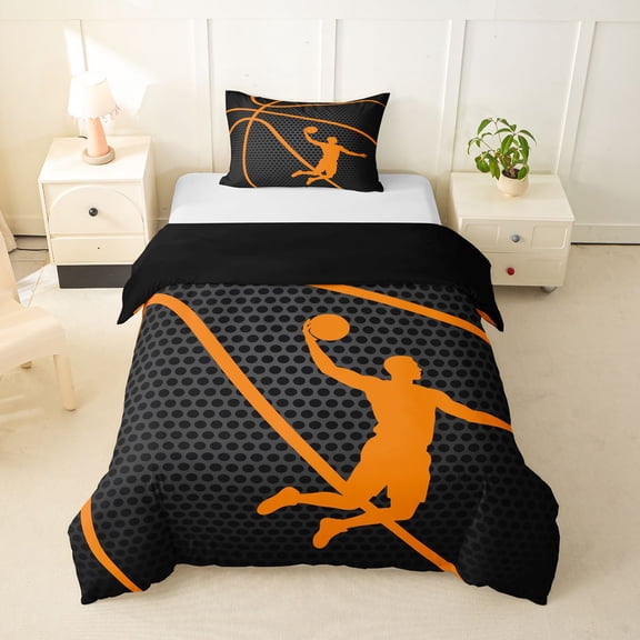 Feelyou Black Basketball Twin Duvet Cover for Boys, Sport Athlete Player Twin Bedding, Black Reversible, 2 Pieces, 1 Duvet Cover and 1 Pillowcase