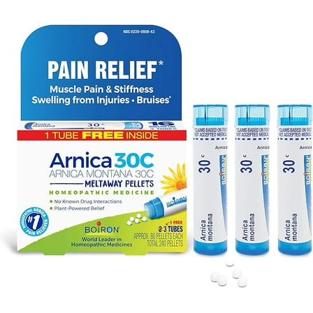 Boiron Arnica Montana 30C Homeopathic Medicine for Relief from Muscle Pain, Muscle Stiffness, Swelling from Injury, and Discoloration from Bruises - 3 Count (240 Pellets)