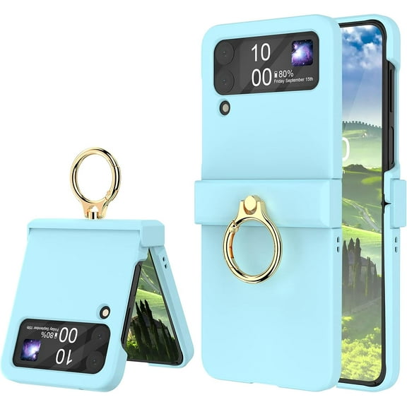 Compatible with Galaxy Z Flip 4 Case with Hinge Protection & Ring Kickstand,Slim and Thin Protective Case Cover for Samsung Z Flip 4 5G (Blue)