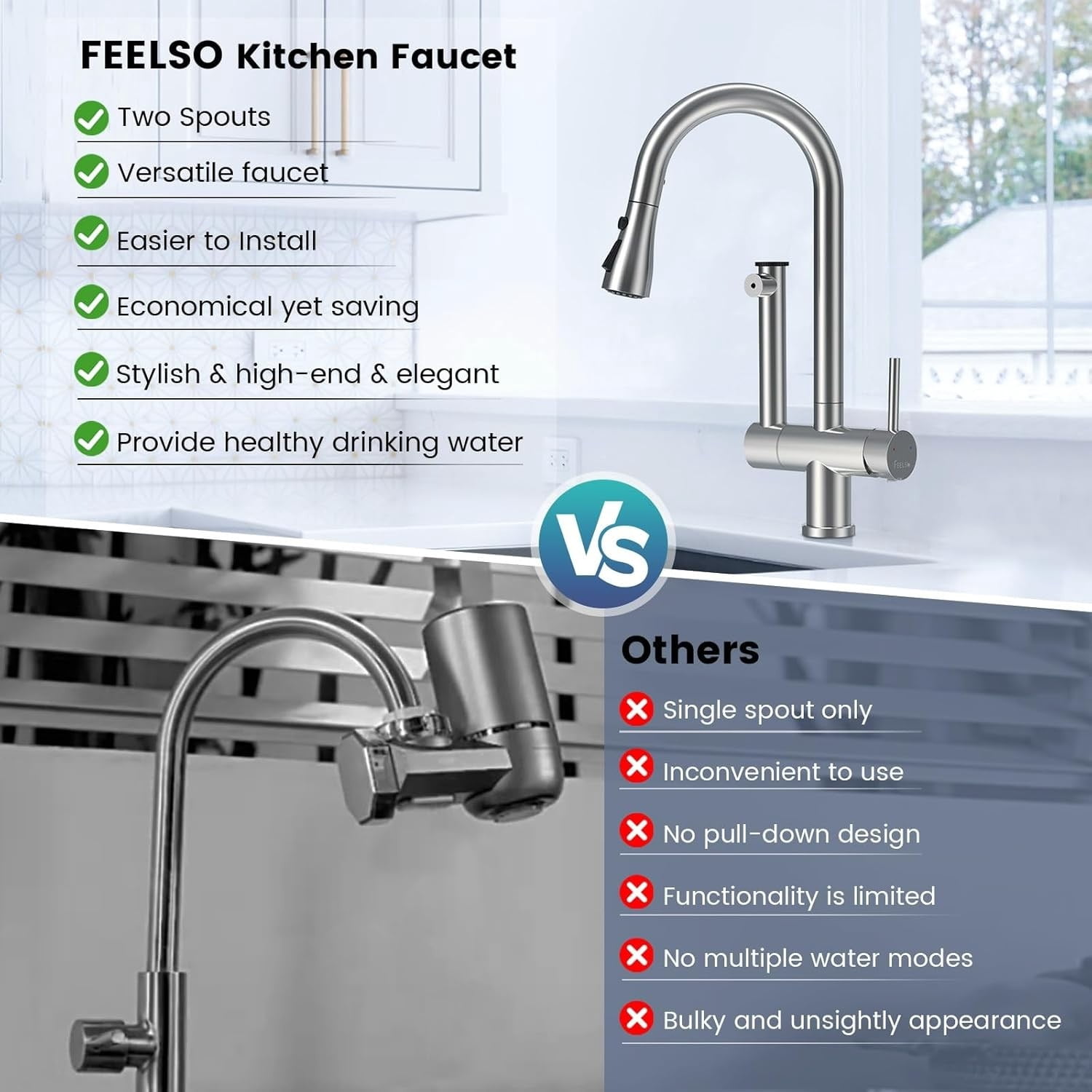 Beteliva Retractable Dual-Outlet Kitchen Faucet with Filter, 3 Spray Modes, Silver Finish