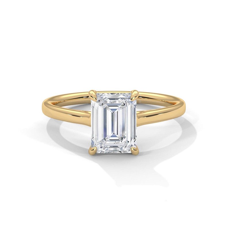 Lab Grown Moissanite Diamond Solitaire Engagement Ring Emerald Cut 14k Yellow Gold