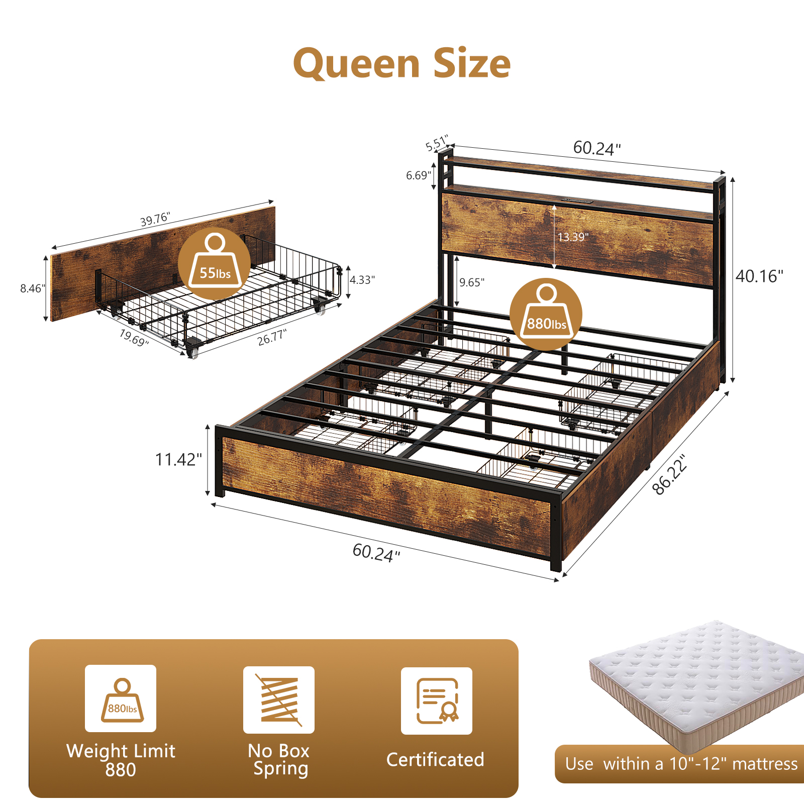 Ktaxon Queen Size Bed Frame with Charging Station & LED Storage Headboard, Metal Platform Bed Frame with 4 Underbed Drawers for bedroom, Vintage Brown