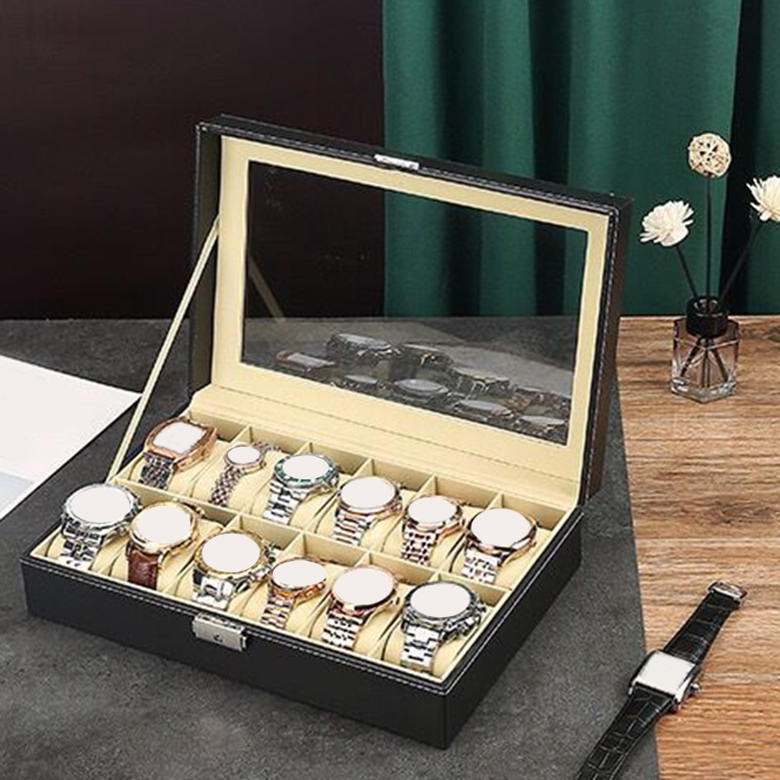 OIUR Watch Storage Box with Transparent Window And Lock Wooden Bracelet Organizer Faux Leather Dustproof Jewelry Storage Case