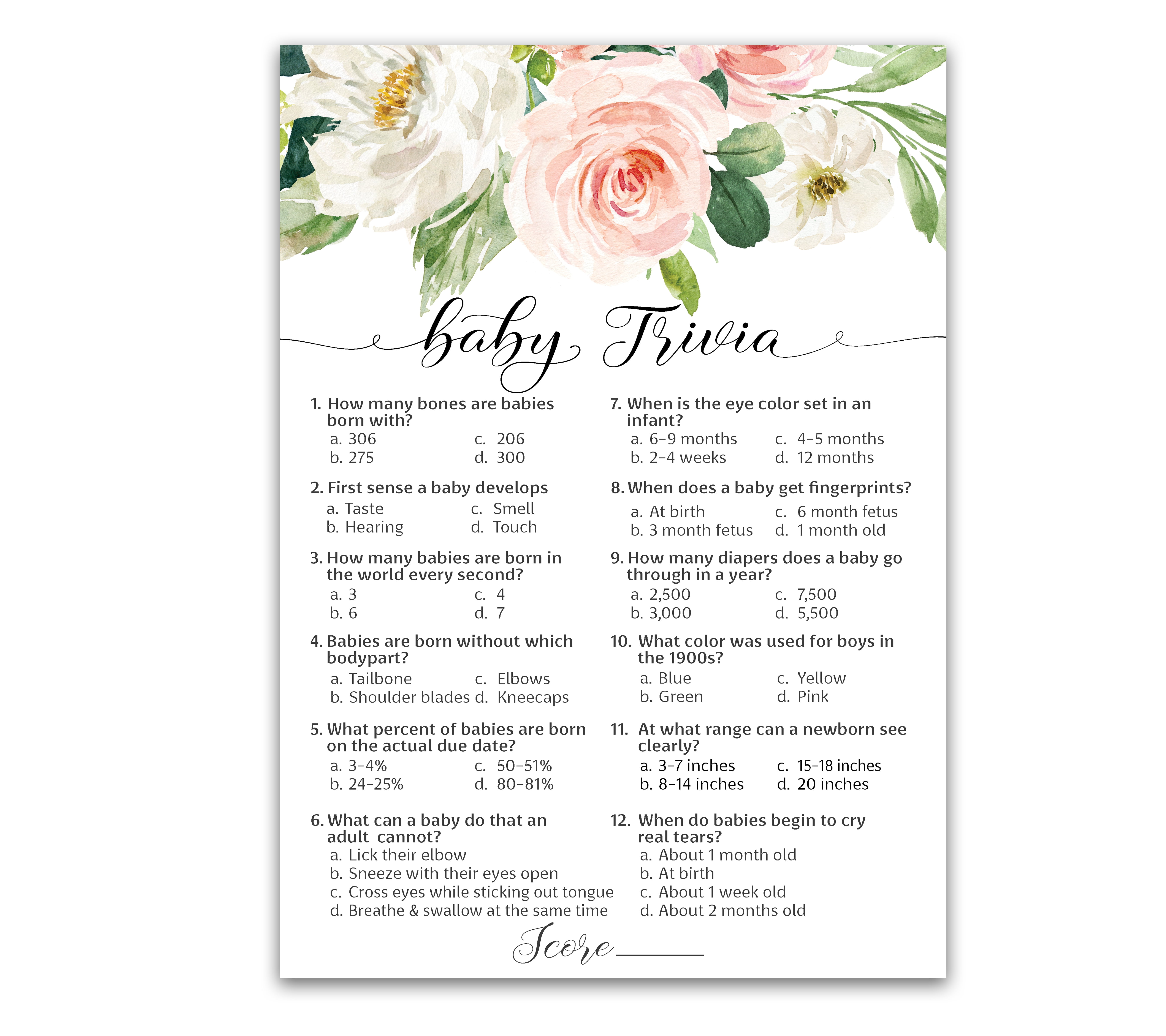 GIRL Baby Shower Game — BABY TRIVIA Baby Shower Games — Pack of 25