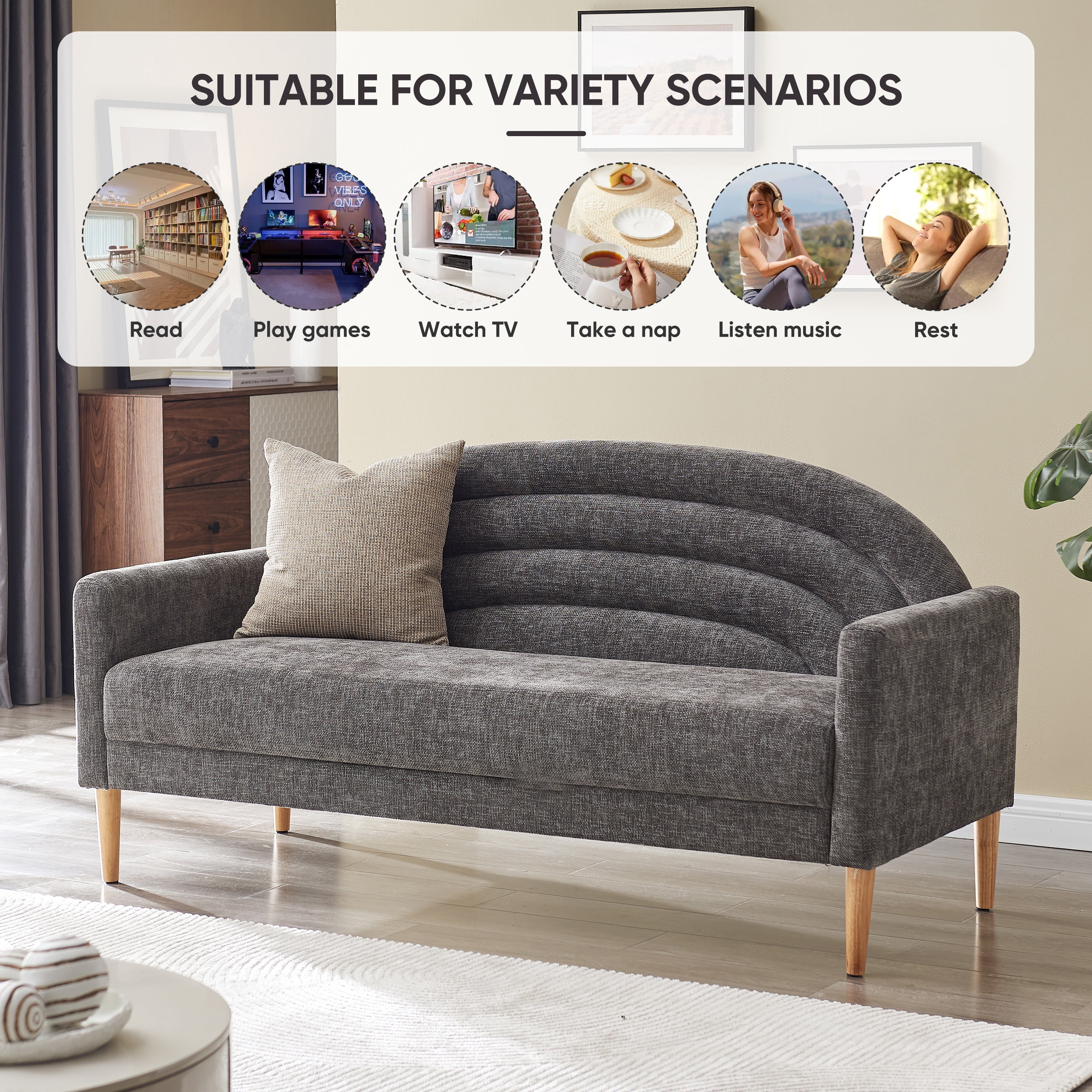 65" W Three-seater sofa Modern Trending and Youthful Rainbow Design Upholstered Fabric Sofa Decor Furniture for Living Room, Bedroom, Office GREY