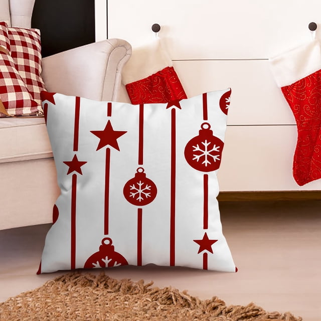 Funda de Almohada Navideña con Estampado de Copos de Nieve y Árbol de Navidad Rojo, Decoración Navideña para Sofá.