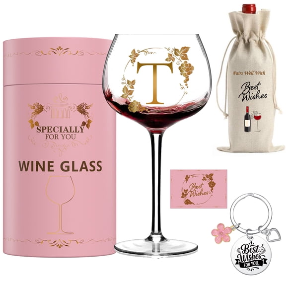 GALOFAY Wine Glasses Gifts for Women Alphabet T, Cool Personalized Gold Monogrammed 'T' Red Wine Glass Set, Pink Gift Package with Goblet, Wine Bag, Key Chain, and Card for Woman