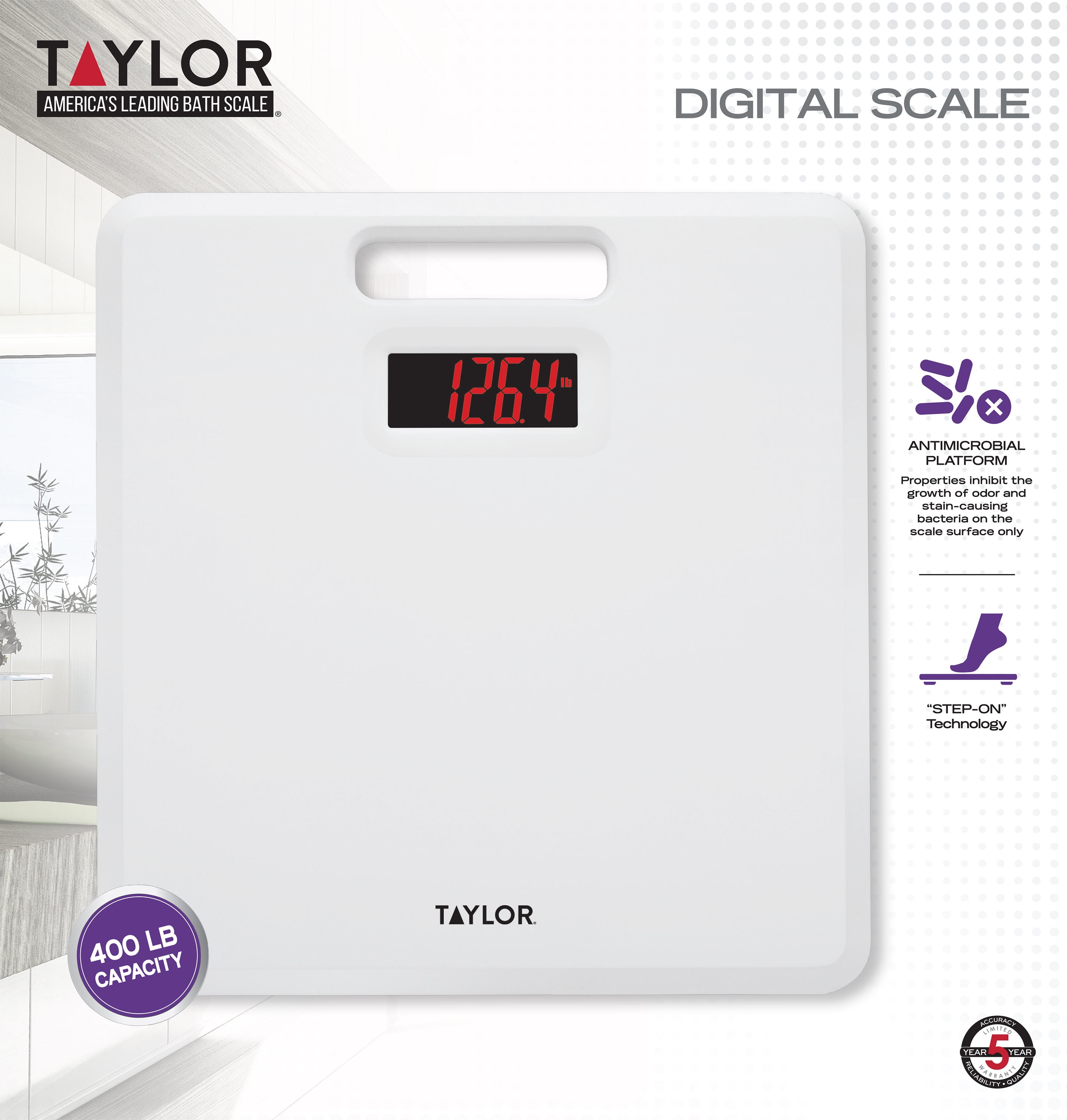 Taylor Digital Bath Scale with Antimicrobial Surface Protection, Bathroom Scale for Body Weight, 400 lbs. Black