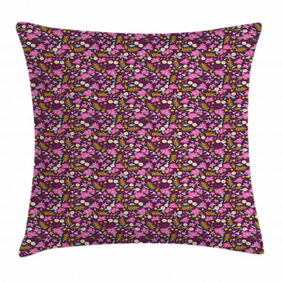 Garden Art Throw Pillow Cushion Cover, Spring Season Pattern with Blossoming Wildflowers in Pink Shades Ornate Design, Decorative Square Accent Pillow Case, 16 X 16 Inches, Multicolor, by Ambesonne