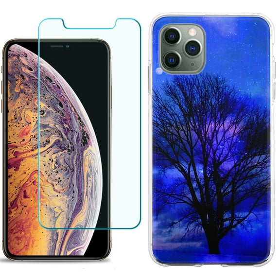 For Apple iPhone 11 Pro Case , Slim-Fit TPU Protective Phone Case with Tempered Glass Screen Protector, by OneToughShield ® - Night Tree