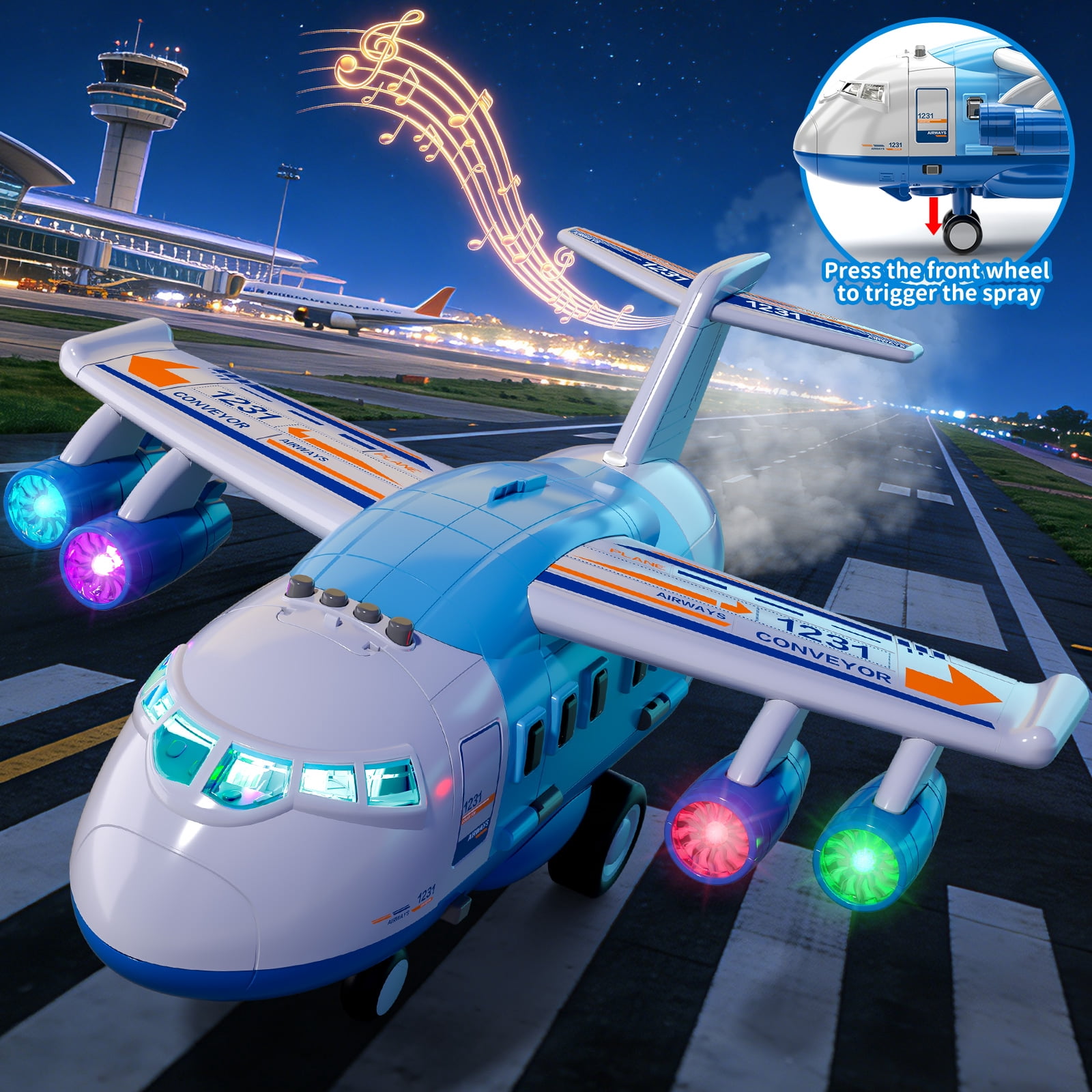 Lucky Doug Plane Toys for Toddlers Ages 1-6, Toddlers Airplane Playset with 10 Cars Toys, Light & Sound, Toys for 3-6 Years Old Boys Gifts