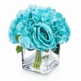 thumbnail image 1 of Enova Home Artificial Silk Hydrangea and Rose Fake Flowers Arrangement in Cube Glass Vase with Faux Water for Home Office Wedding Party Decoration (Aqua), 1 of 3