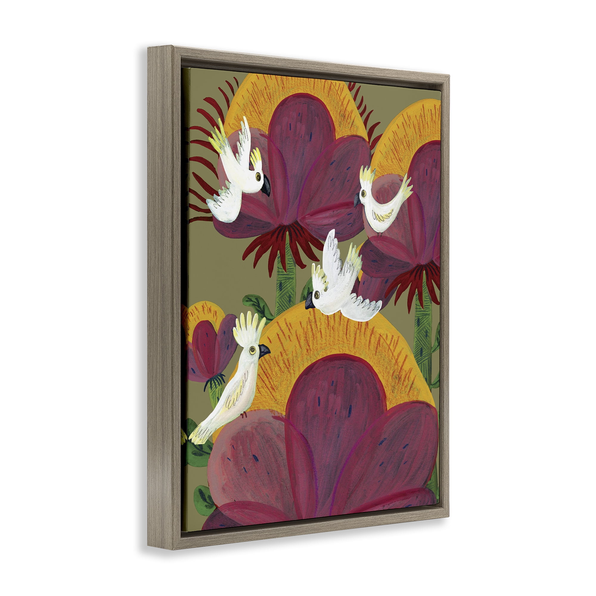 Stupell Industries Tropical Cockatoos & Plants Brown Framed Floater Canvas Wall Art, design by Kay Widdowson