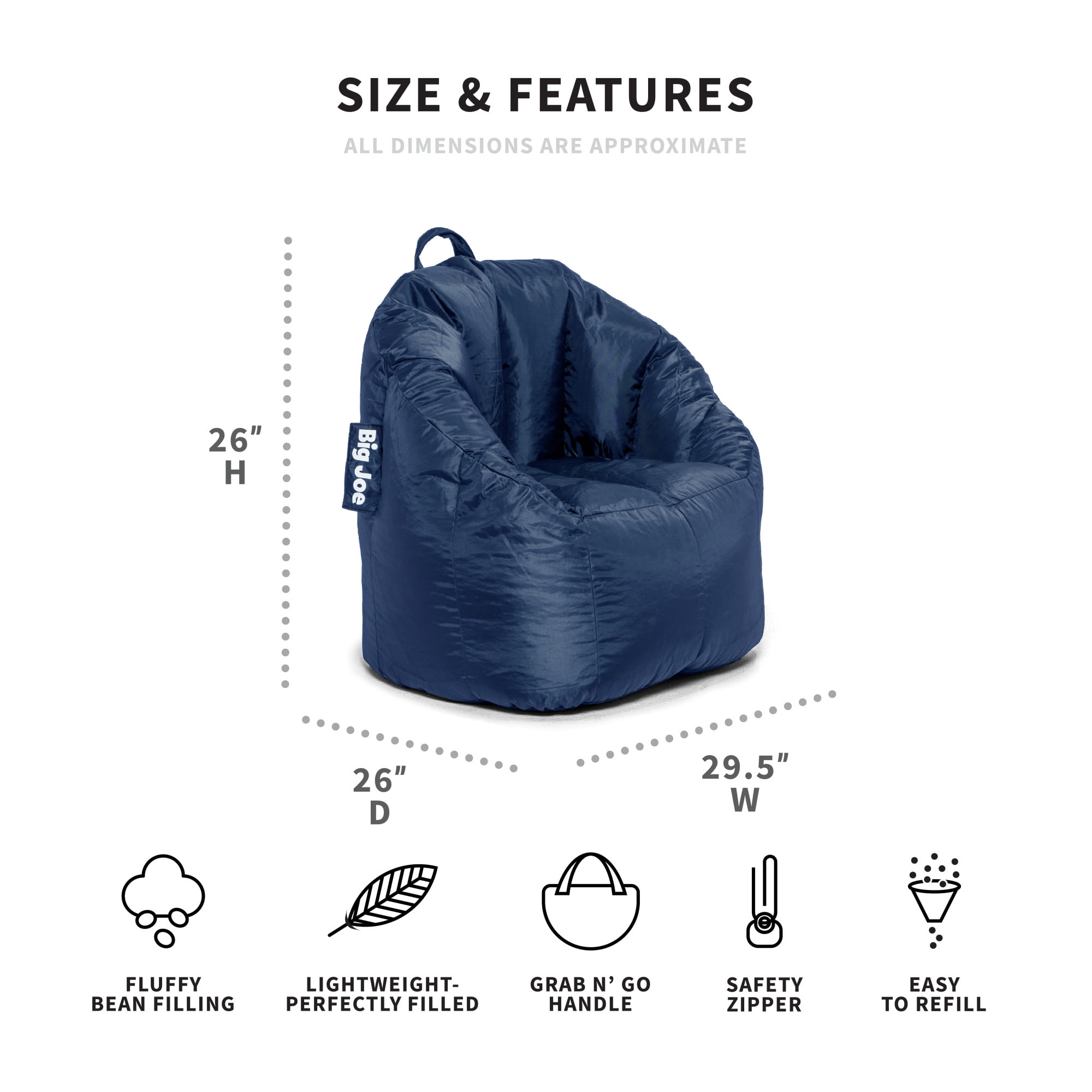 Big Joe Joey Bean Bag Chair Smartmax Kids Teens 2.5ft Navy