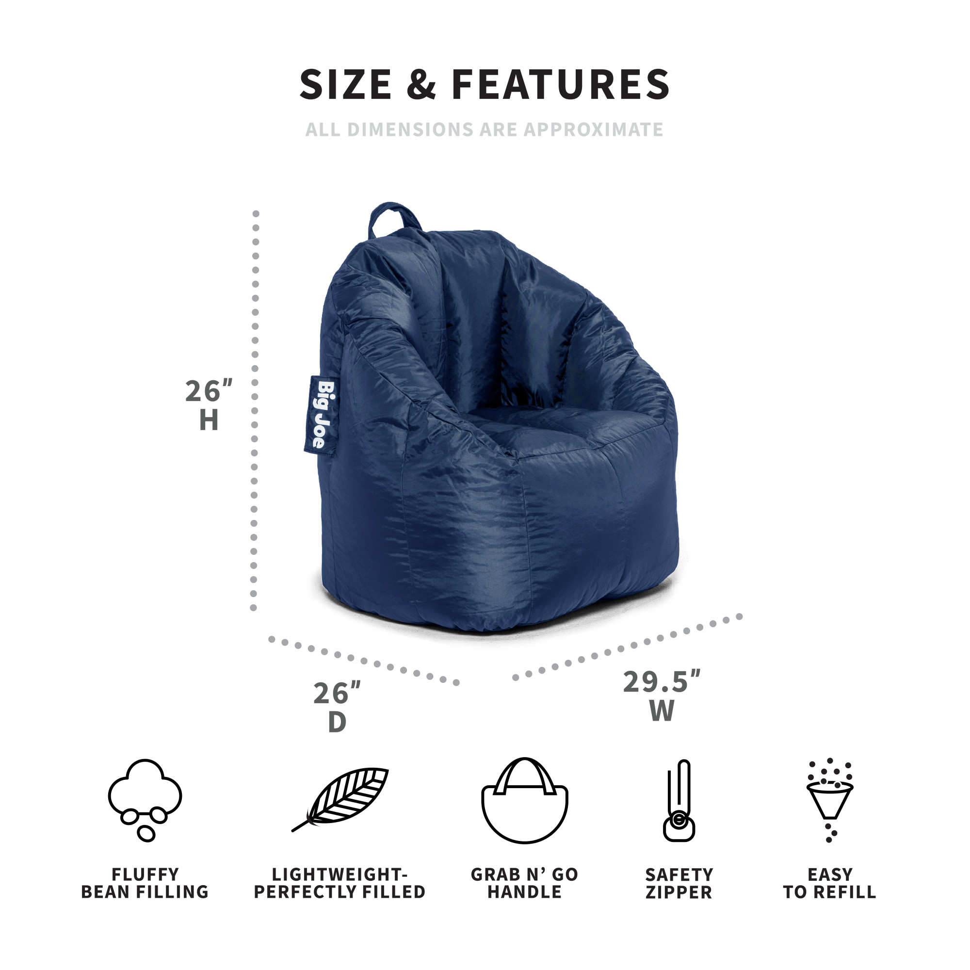 Big Joe Joey Bean Bag Chair, Smartmax, Kids/Teens, 2.5ft, Navy - image 3 of 8