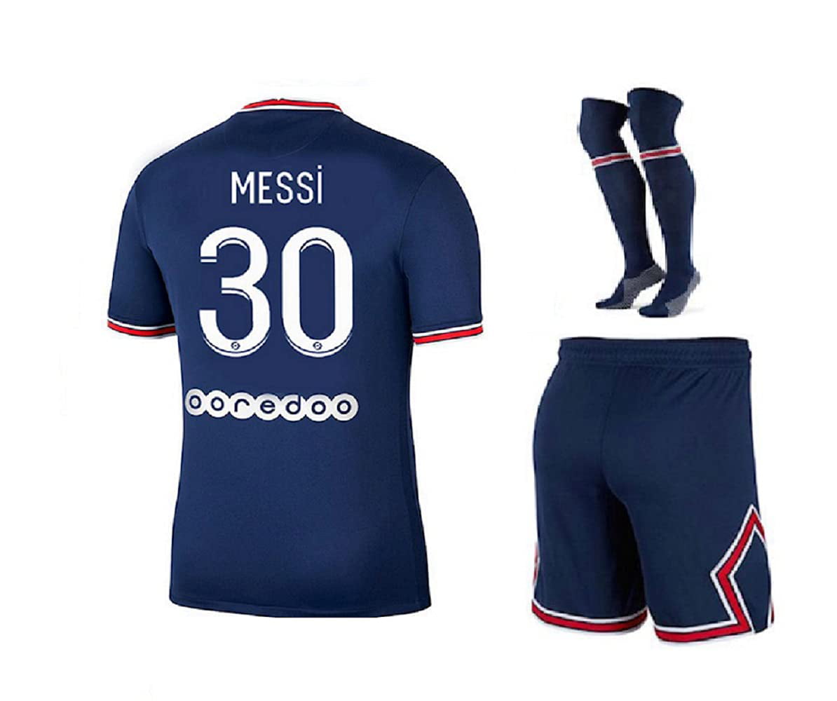6-7 Years Old Genu Paris Messi Blue Home 21/22 Soccer Kids Jersey Shorts Socks Set Kit Size Small for Youth 