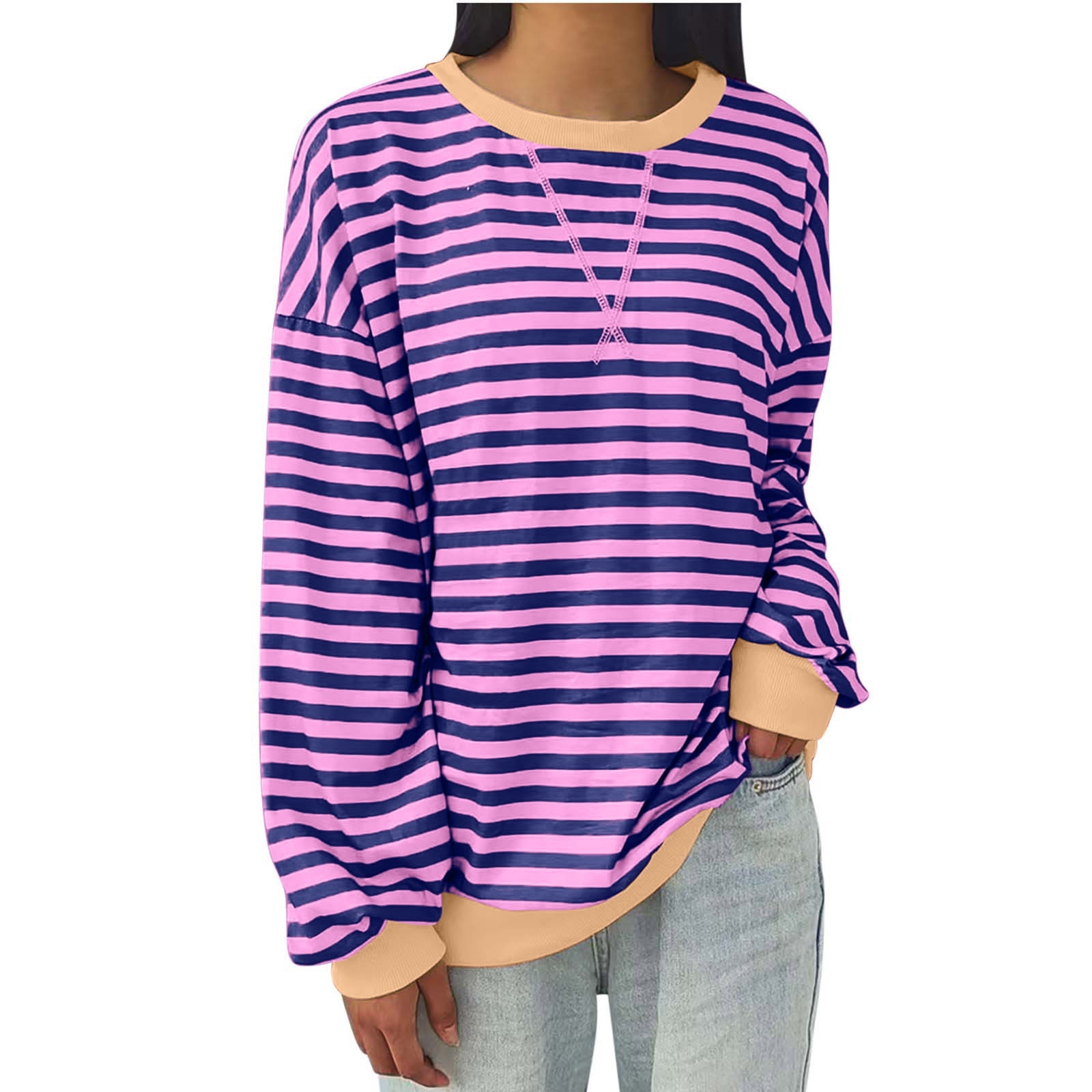 AherBiu Chandail en Molleton Rayé Surdimensionné pour Femmes Manches Longues Chandails en Molleton à Blocs de Couleur Col Rond Chandail Décontracté