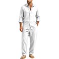 thumbnail image 6 of Delconic Mens Two Piece Outfit Long Sleeve Button Front Shirt and Drawstring Straight Leg Pants Casual Vacation Set White 3XL, 6 of 9