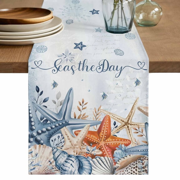 Blue Starfish Coastal Table Runner 90 Inches, Nautical Shell Coral Botanical Summer Ocean Bed Runner Dresser Scarves Tabletop for Indoor Outdoor Parties/Ceremony/Banquet, 13" x 90"