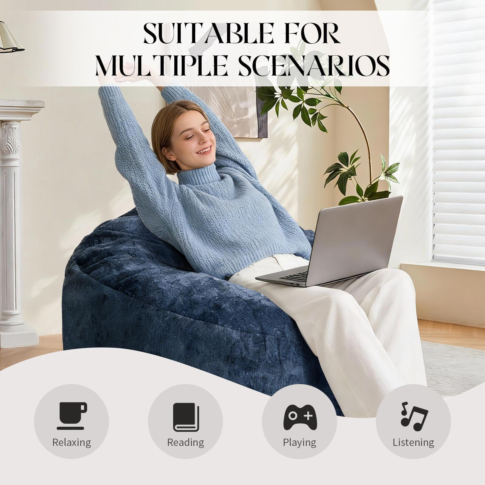 Hommoo Ultra-Comfort Ergonomic Bean Bag Chair Lounge Chair, with Adjustable High-Elasticity Inner Filling and Detachable Washable Cover, for Living Room, Bedroom & Balcony, Blue