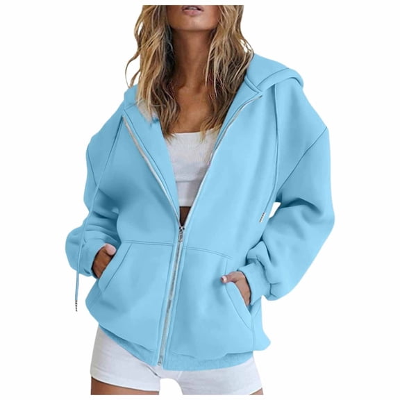 Fgnfyis Women Casual Solid Zip Up Hoodie Long Sleeve with Pocket Hooded Sweatshirt Top for Streetwear Blue S