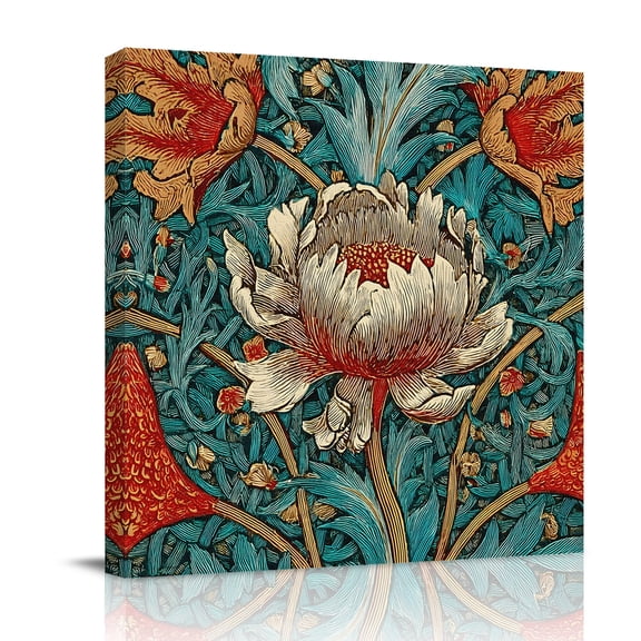 Canvas Wall Art, William Morris Plant Floral Framed Canvas Prints for Bathroom Kitchen, Retro Lotus Flower Leaves Gallery Wrapped Wall Decor for Home Office, Gifts, 10"x10" Ship Next Day