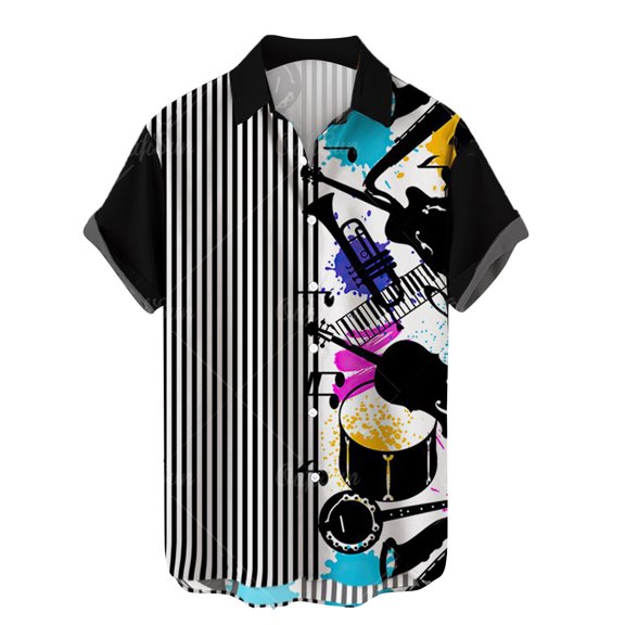 FINALGANG Mens Short Sleeve Button Down Shirt With Splatter Print Collared Casual Party Festival Shirt For Summer Daily Wear Sky Blue XXL