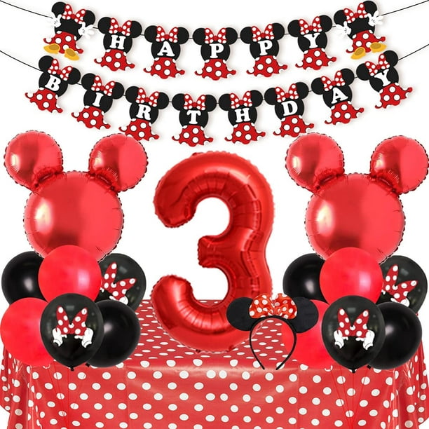 Minnie 3ème Anniversaire Décorations Fête Fournitures pour les Filles de 3  Ans - Minnie Ballons de Tête, Nappe à Pois, Bandeau d'Oreille, Ballons  Imprimés Minnie Partie Souris Fournitures Rouge et Noir 